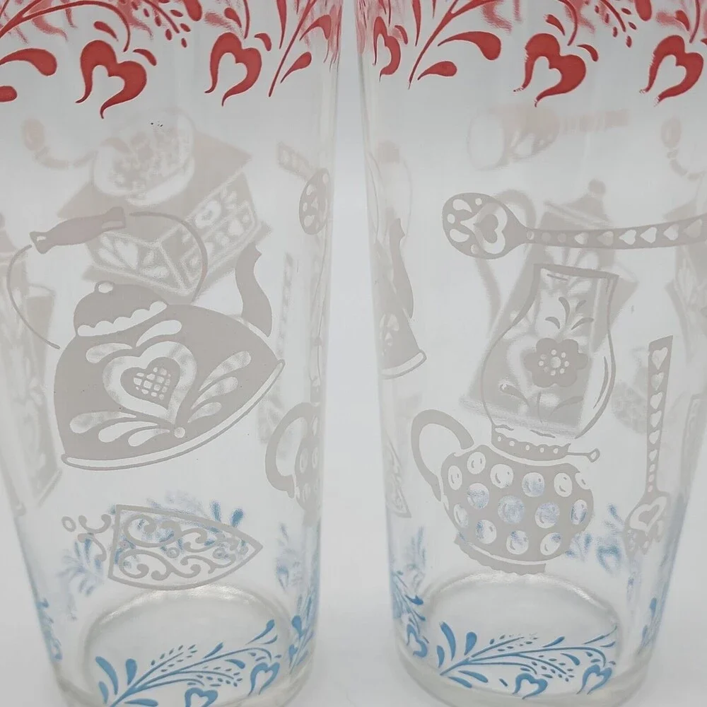 Hazel Atlas Kitchen Aids Iced Tea Tumblers 16oz Drinking Glasses Pink White Blue
